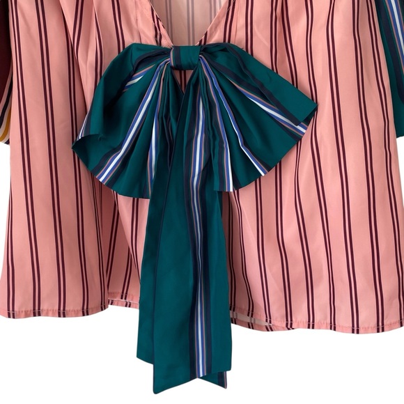 Maeve Anthropologie Taffeta Bow Swing Blouse Puff Sleeve size XS Pink Stripe - Picture 8 of 10